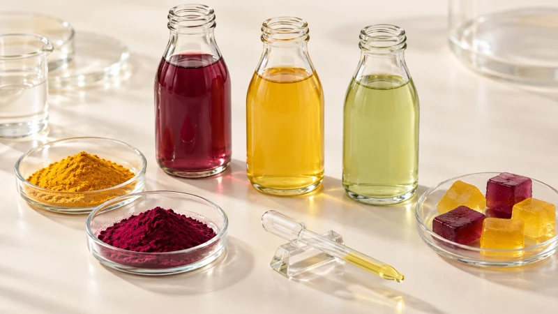 Application concept with colored liquid samples, confectionery gel cubes and ingredient powders