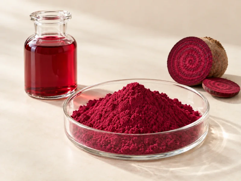 Editorial illustration of beet-red powder, a red color solution and a cut beetroot and slice