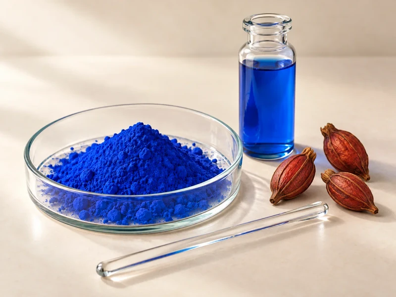 Editorial illustration of blue color powder in a glass dish with a blue liquid vial, stirring rod and dried gardenia fruit