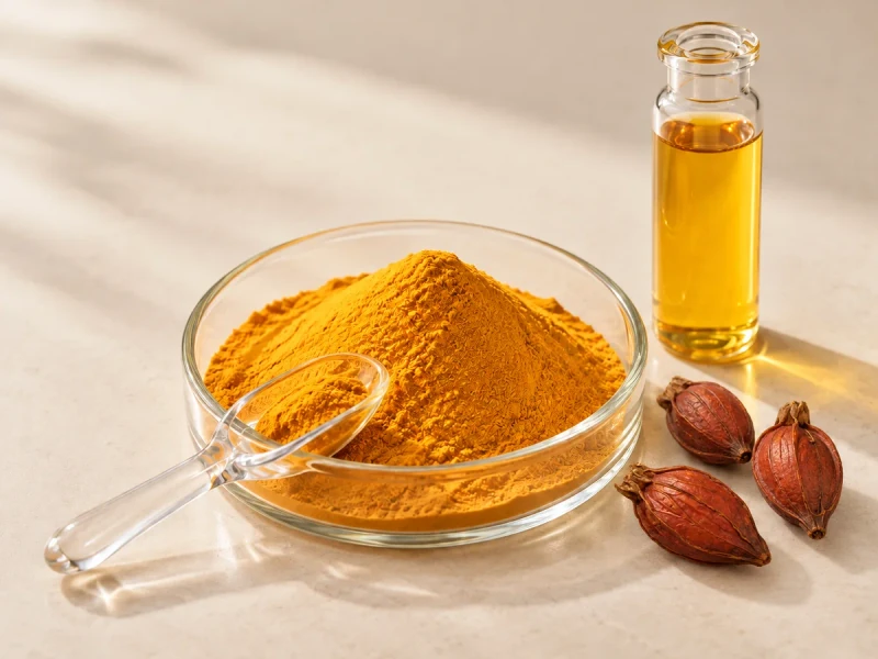 Editorial illustration of golden yellow powder with a glass scoop, amber-yellow liquid vial and dried gardenia fruit