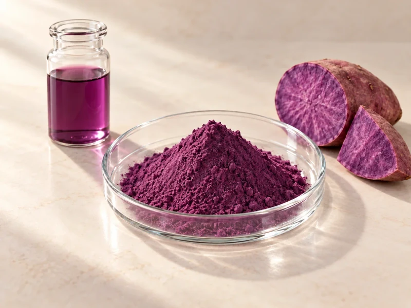 Editorial illustration of purple color powder, a purple liquid vial and a cut purple sweet potato and wedge