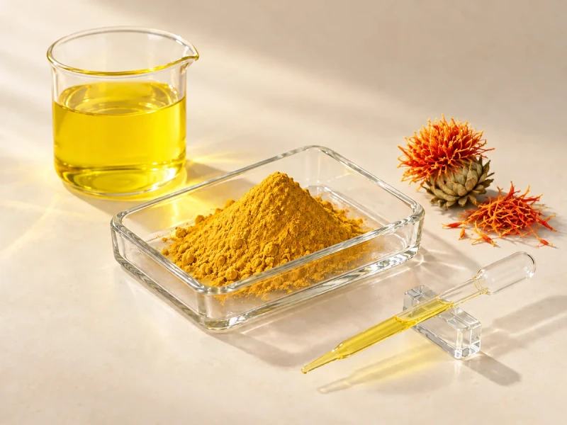 Editorial illustration of warm yellow powder in a rectangular glass dish with a yellow liquid beaker, pipette and safflower flower