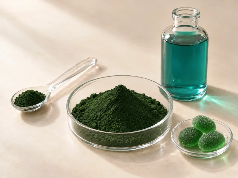 Editorial illustration of dark green powder with a blue-green liquid vial, glass spoon and generic green confectionery color concept
