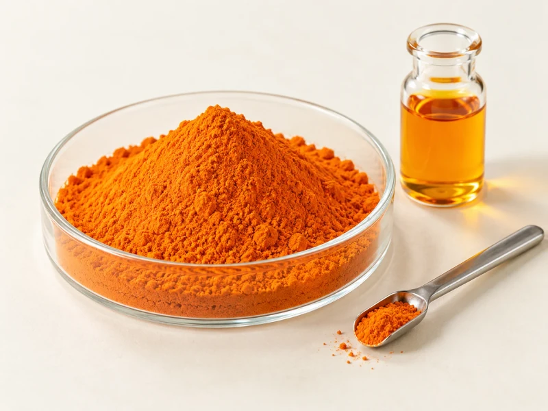 AI illustration of orange carotenoid powder, a liquid color sample and a laboratory scoop