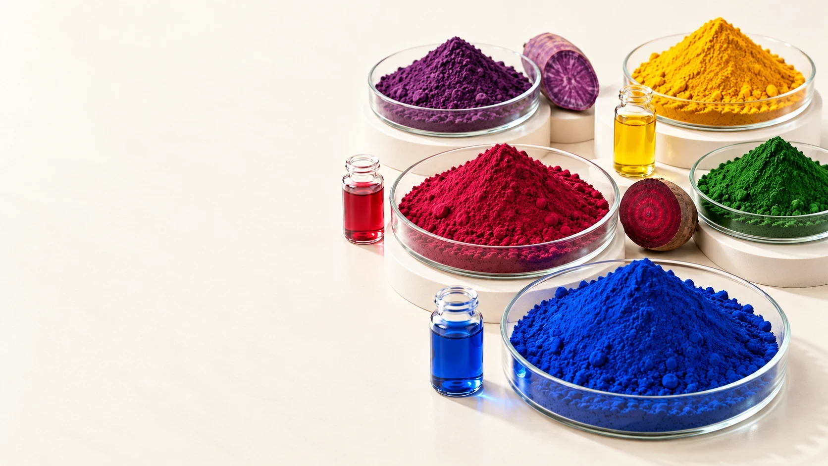 Illustration of natural food color powders and liquid samples with beetroot and purple sweet potato